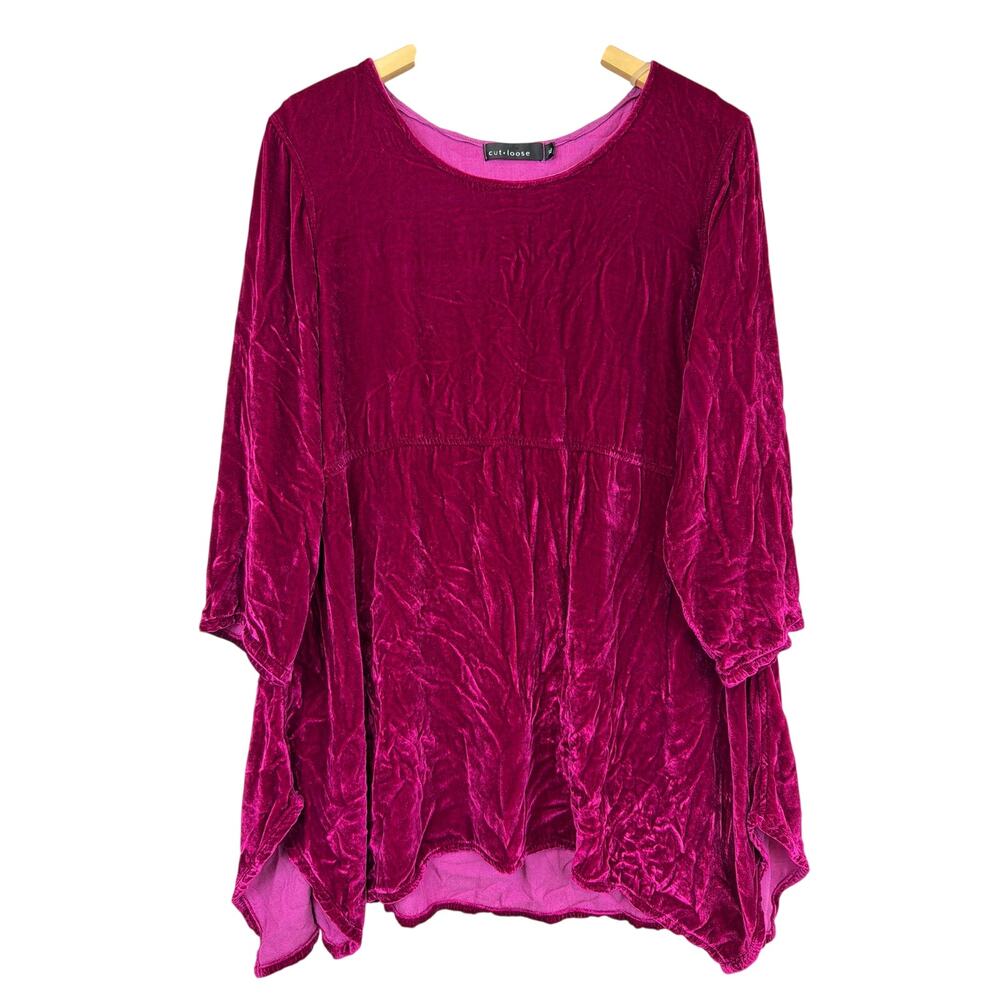 Cut Loose Pink 3 4 Sleeve Scoop Neck Crinkle Crushed Velvet Top XL